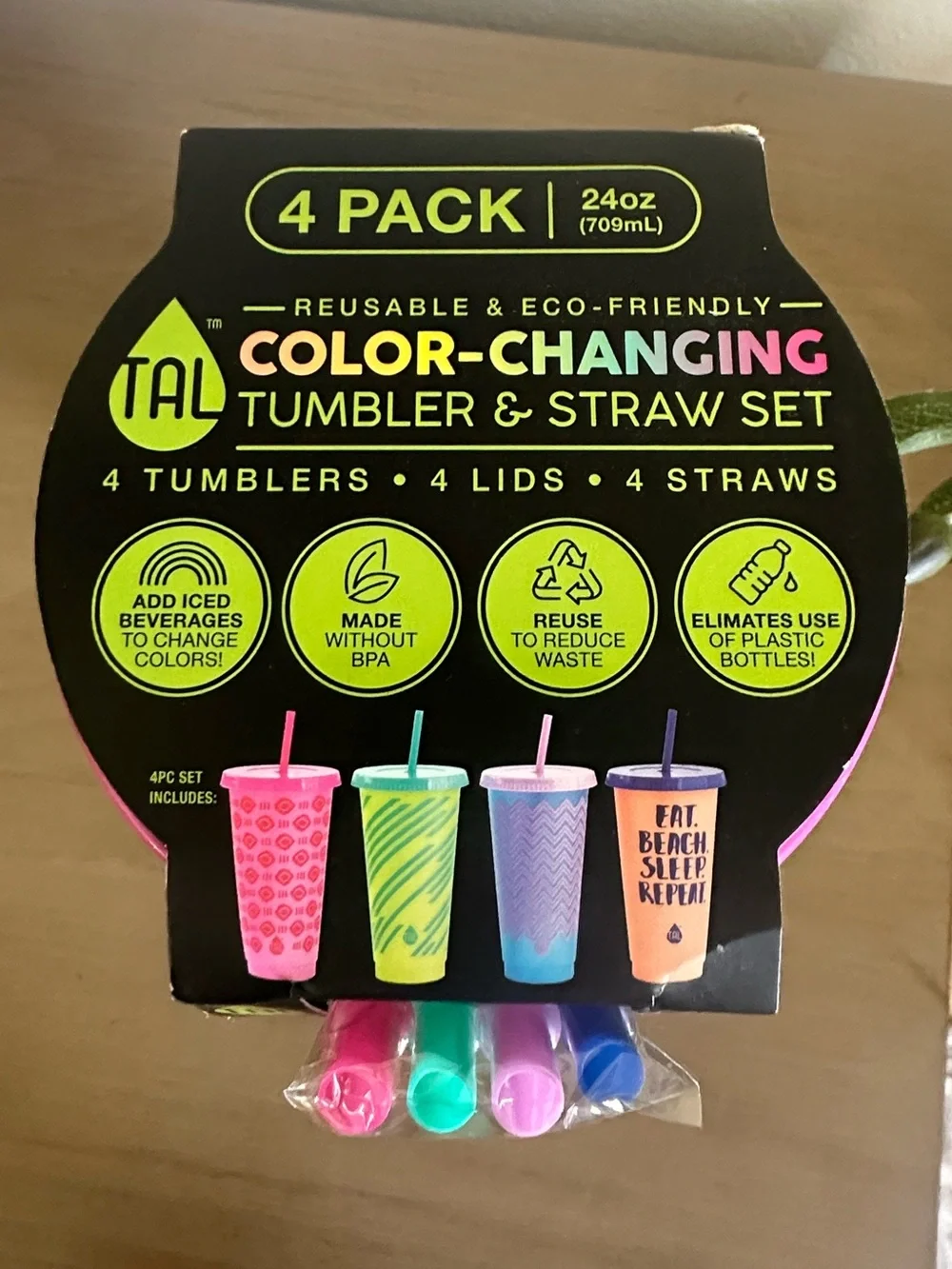 Tal Color Changing Reusable Tumblers & Straws Set 4 Pack Cold Cups Lids